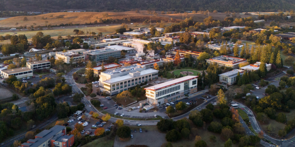 SLAC campus in sunrise light taken from aerial perspective