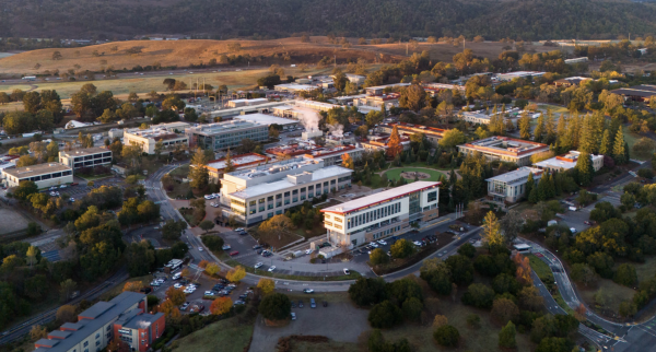 SLAC campus in sunrise light taken from aerial perspective